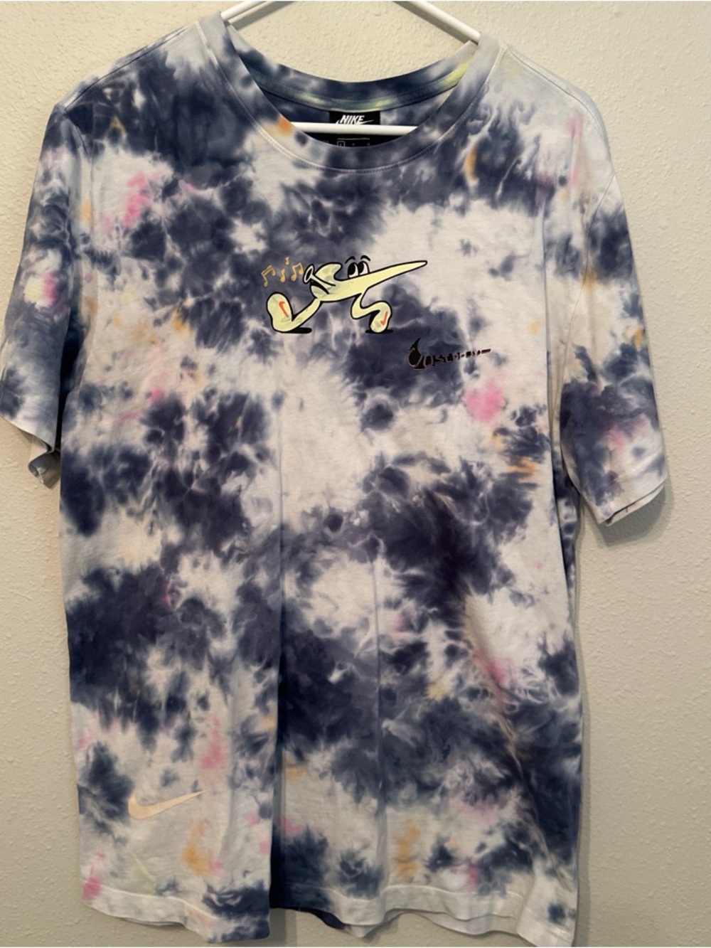 Nike Tie-Dye Graphic Tee in Navy, Pink & Yellow Accents